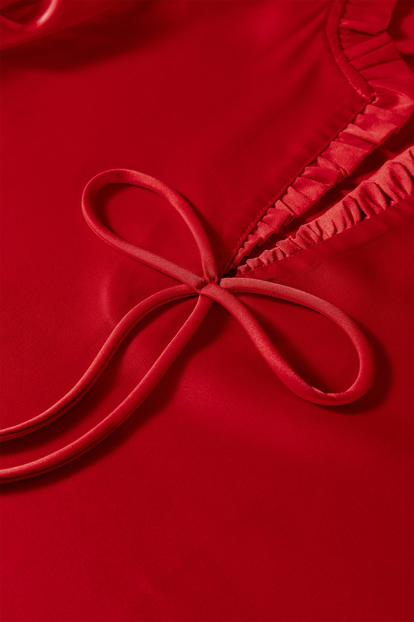 Fiery Red Solid Color Frilled V Neck Bow Detail 3/4 Sleeve Blouse