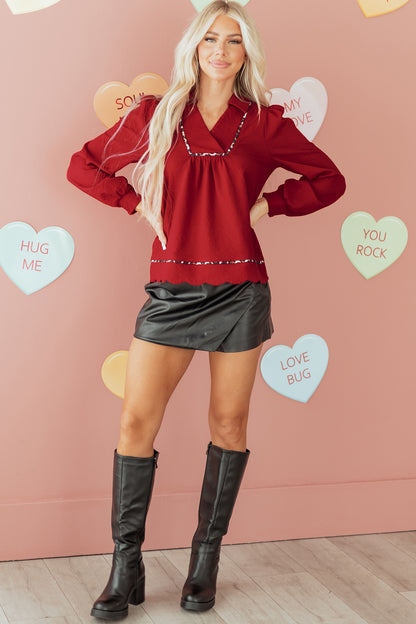 Fiery Red Collar V Neck Leopard Contrasted Trim Textured Blouse