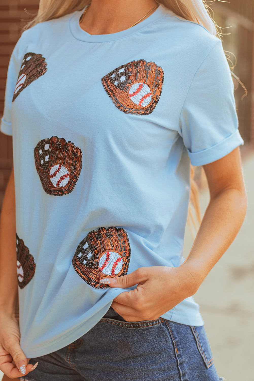 Light Blue Gopher Ball Sequin Patched Casual T Shirt