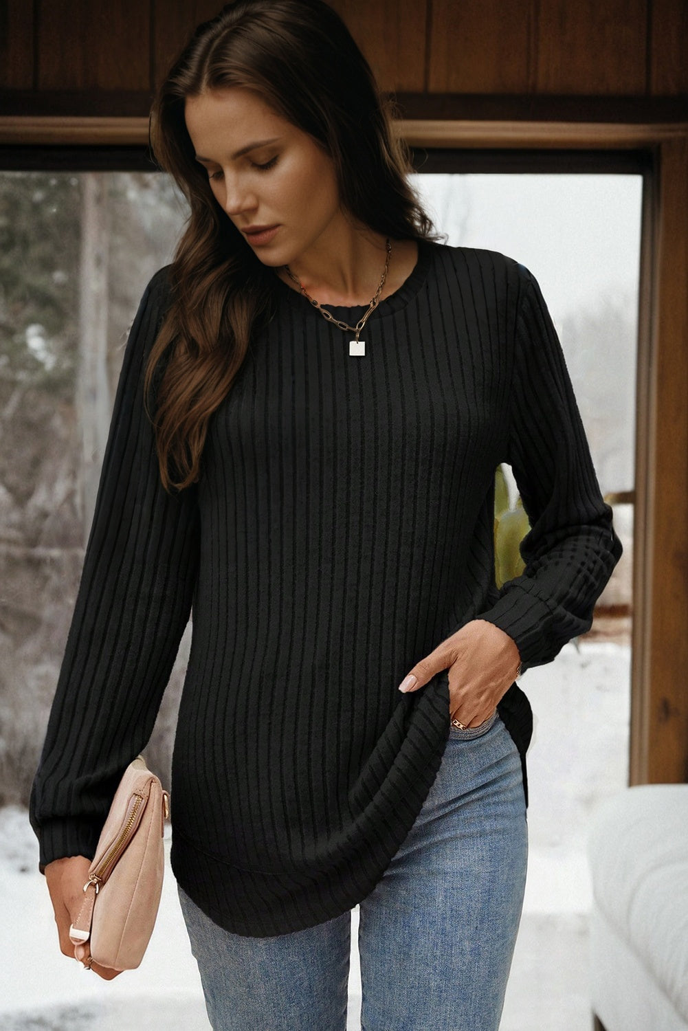 Black Ribbed Texture Round Neck Long Sleeve Rounded Hem Knit Top