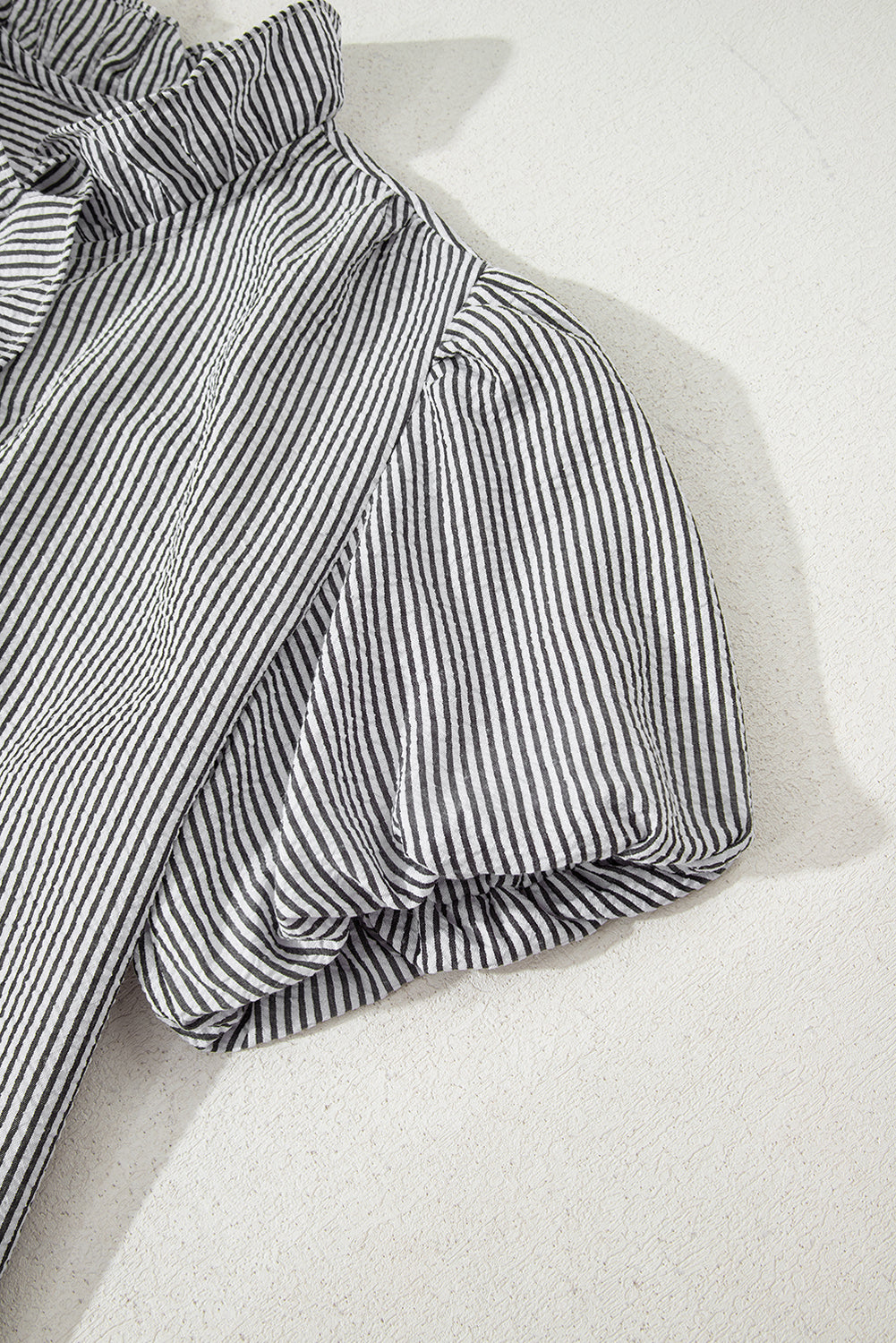 Black Striped Ruffle Short Bubble Sleeve Shirt