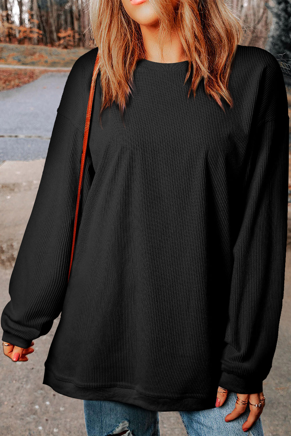 Black Ribbed Corduroy Oversized Sweatshirt