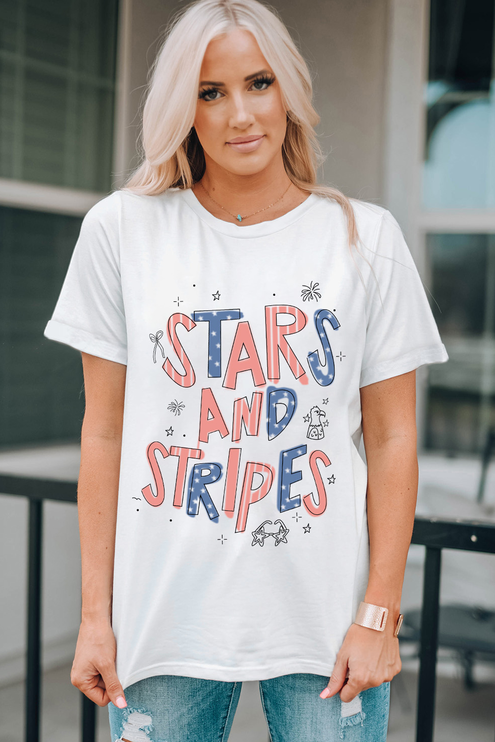 White STARS AND STRIPES Crew Neck Graphic Tee