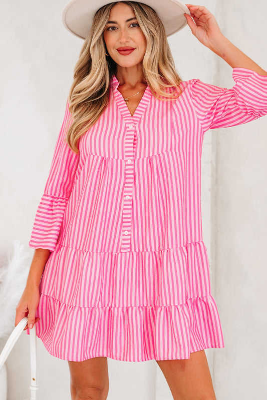 Pink Stripe Flare Sleeve Half Placket Tiered Flowy Mini Dress