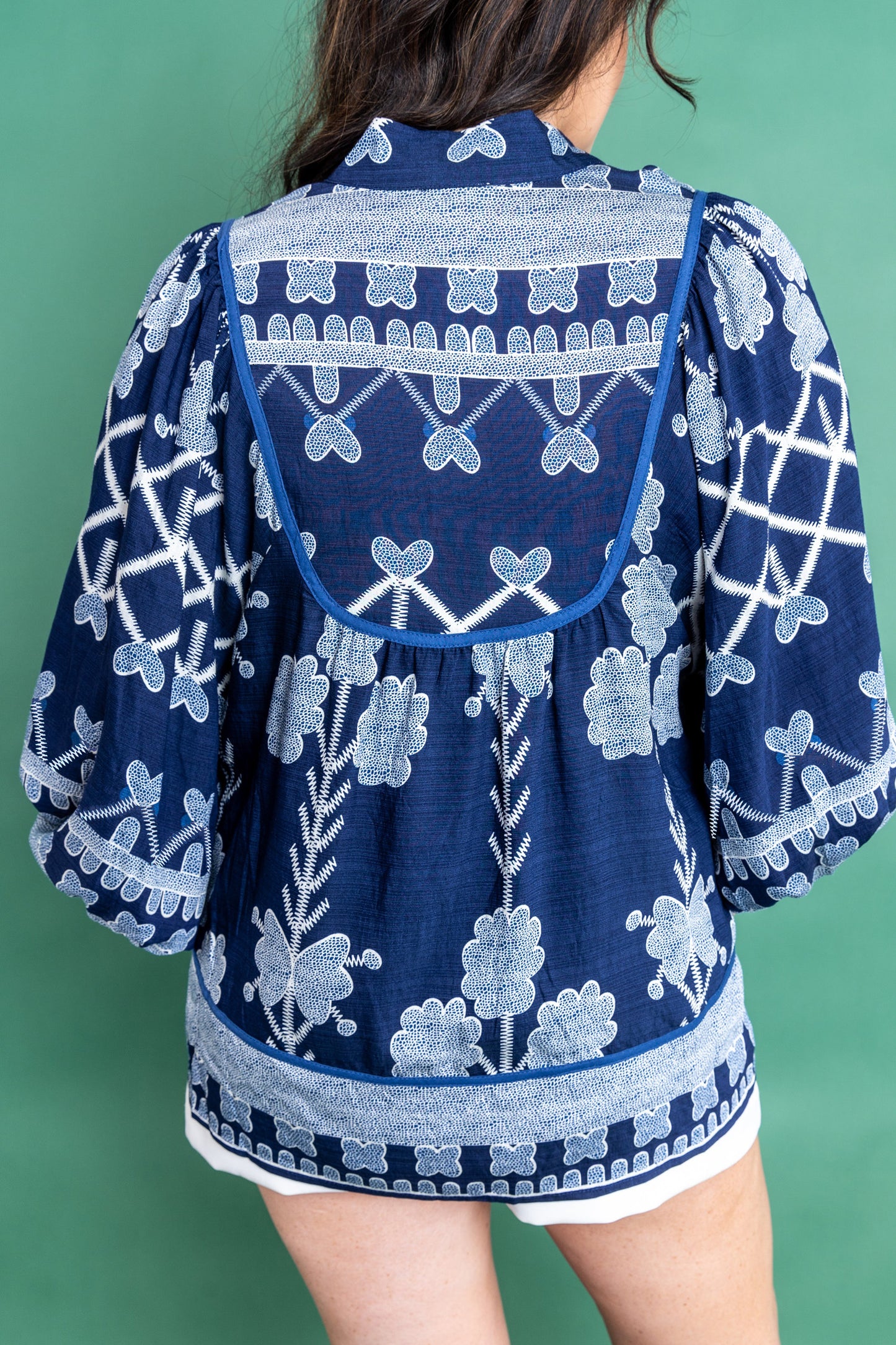 Blue Plus Size Floral Printed Notched Neck Long Sleeve Blouse