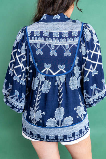 Blue Plus Size Floral Printed Notched Neck Long Sleeve Blouse