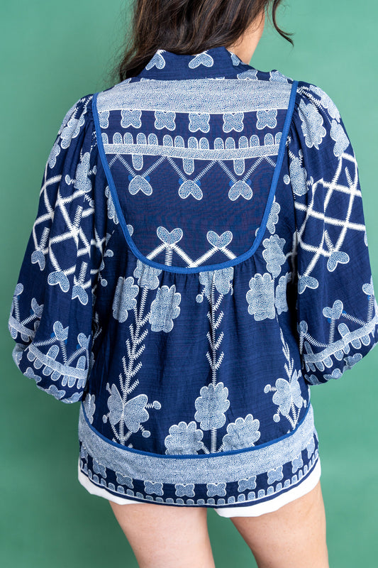 Blue Plus Size Floral Printed Notched Neck Long Sleeve Blouse