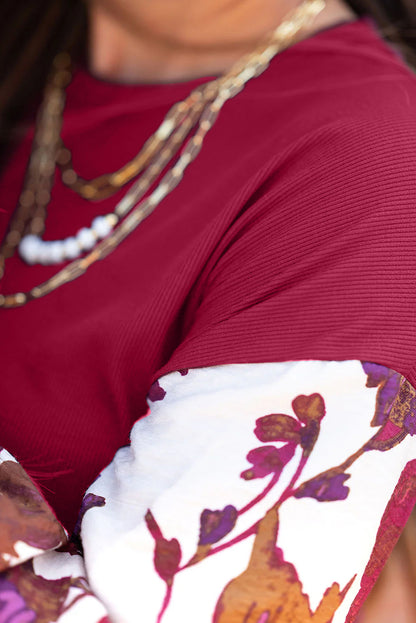 Wild Ginger Contrast Floral Sleeve Solid Ribbed Body Patchwork Long Sleeve Top