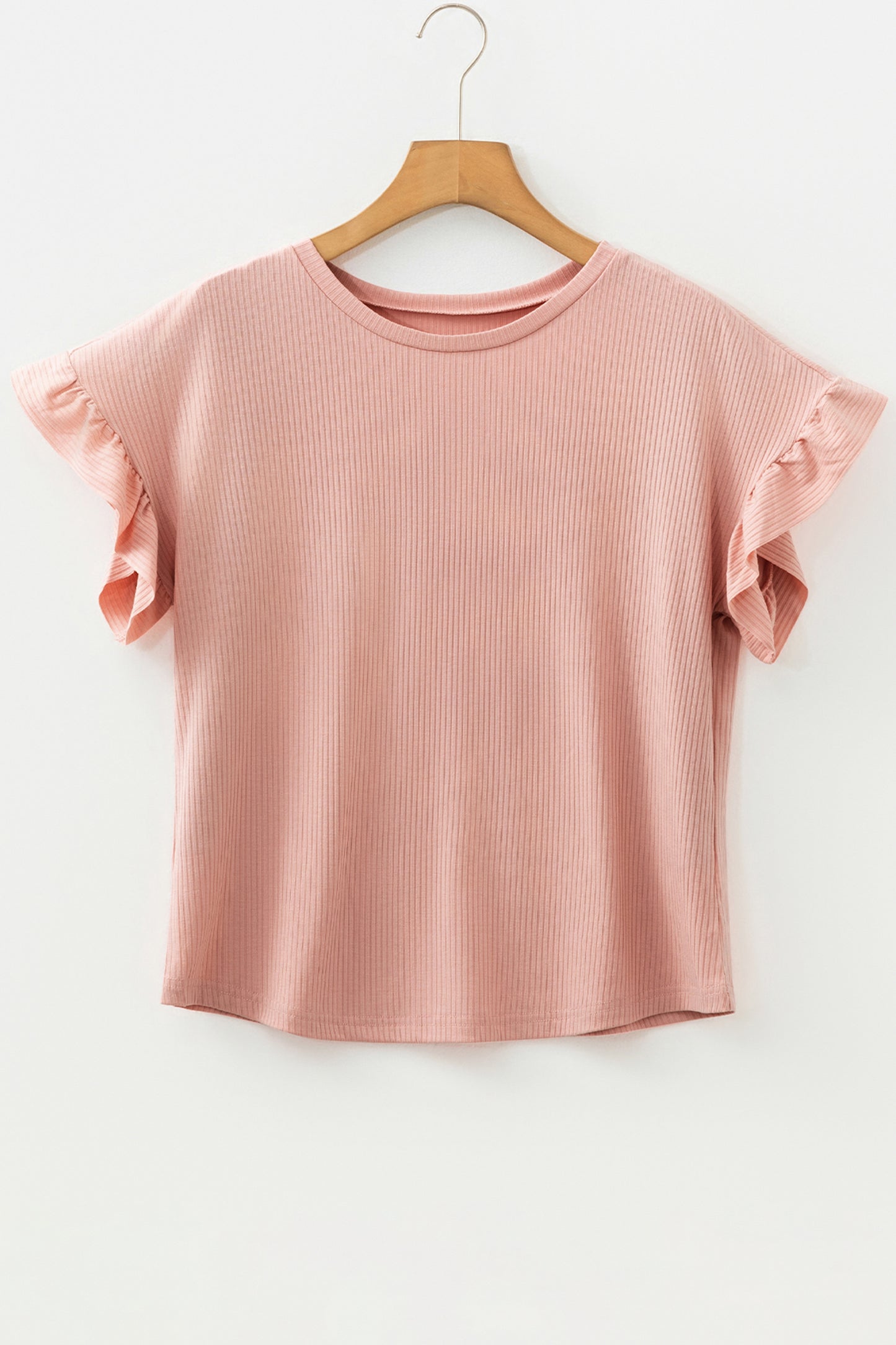 Dusty Pink Solid Color Ribbed Ruffled Short Sleeve T Shirt