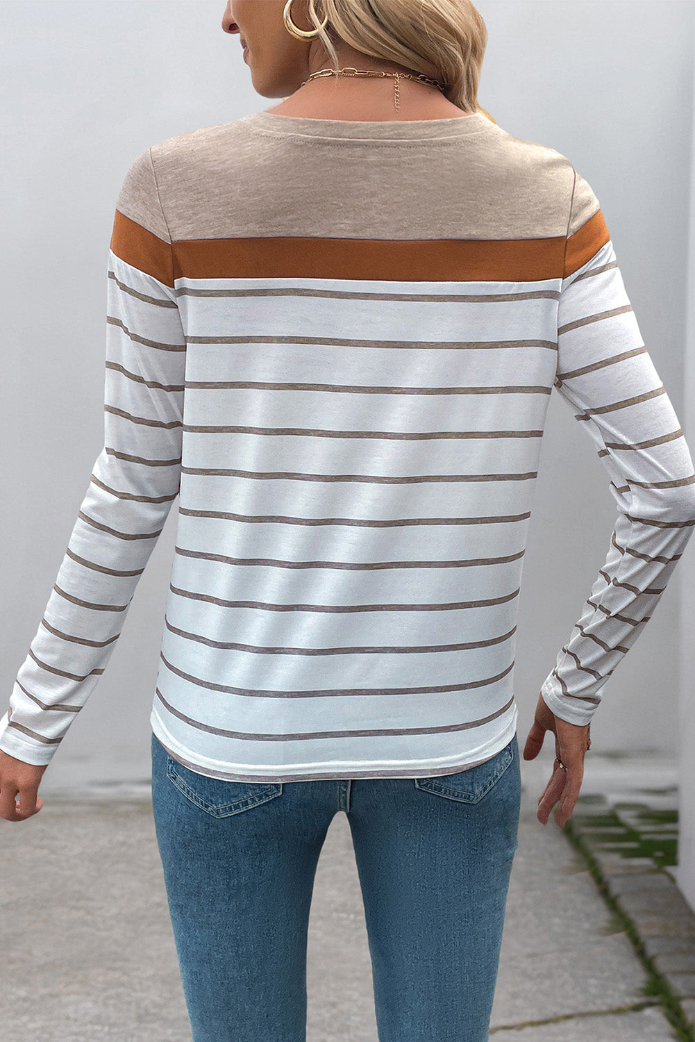 White Stripe Colorblock Long Sleeve Round Neck Tee