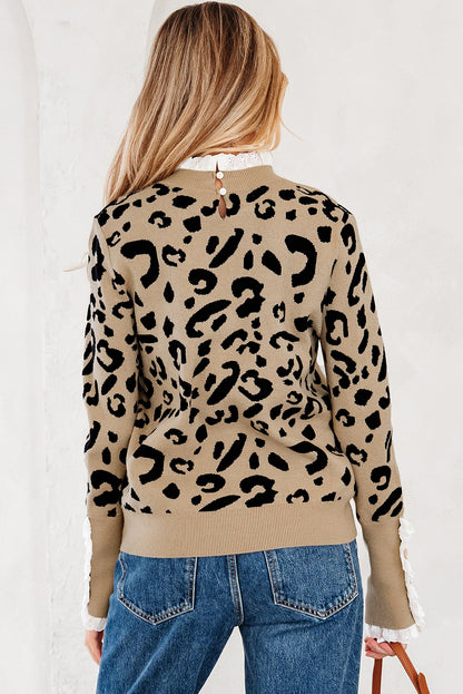 Dearlovers Brown Leopard Pattern Lace Ribbed Detail Button Cuffed Sweater