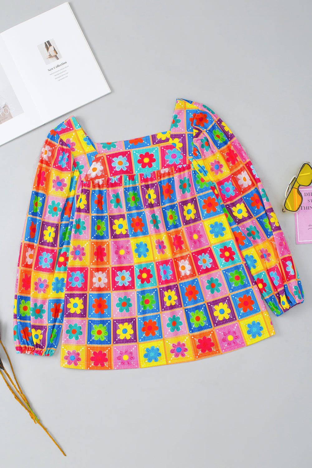 Multicolor Floral Pattern Square Neck Puff Sleeve Blouse