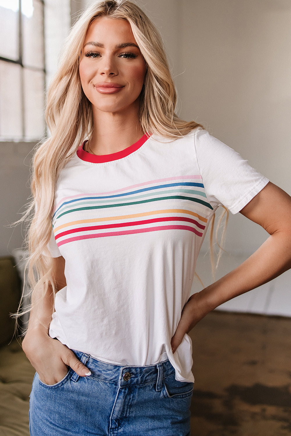 White Rainbow Stripe Print Contrast Crewneck T Shirt