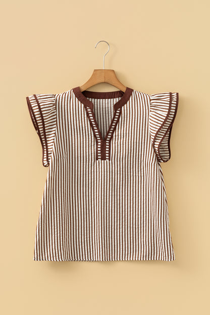 Khaki Stripe Double Ruffled Short Sleeve V Neck Blouse
