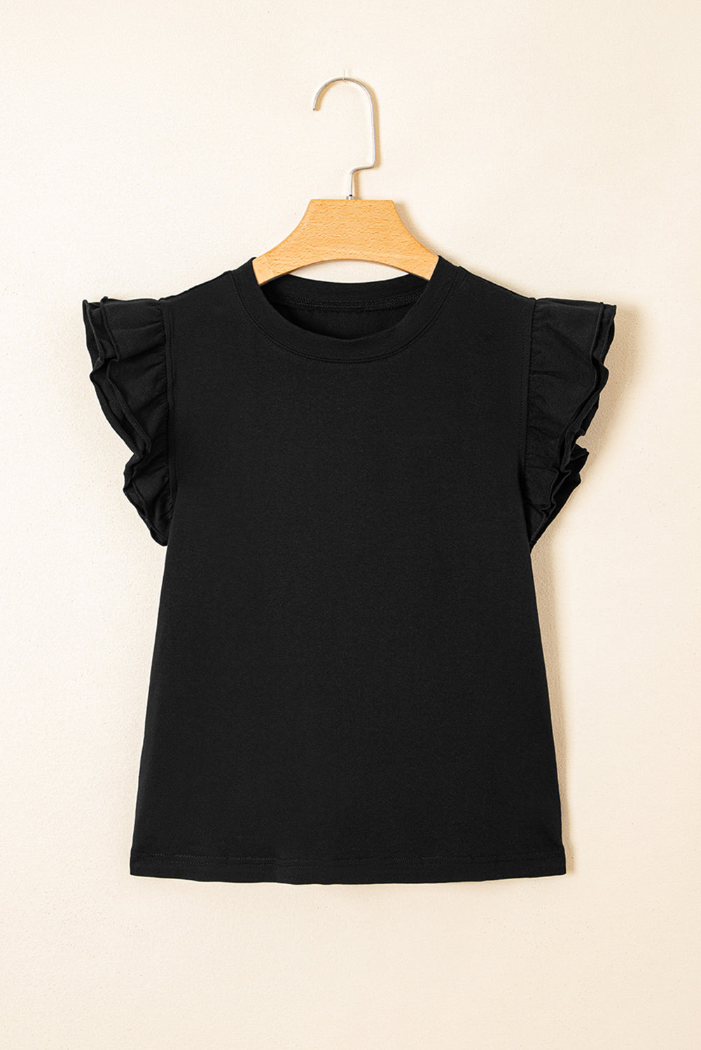 Black Ruffled Crew Neck Slim Fit Top