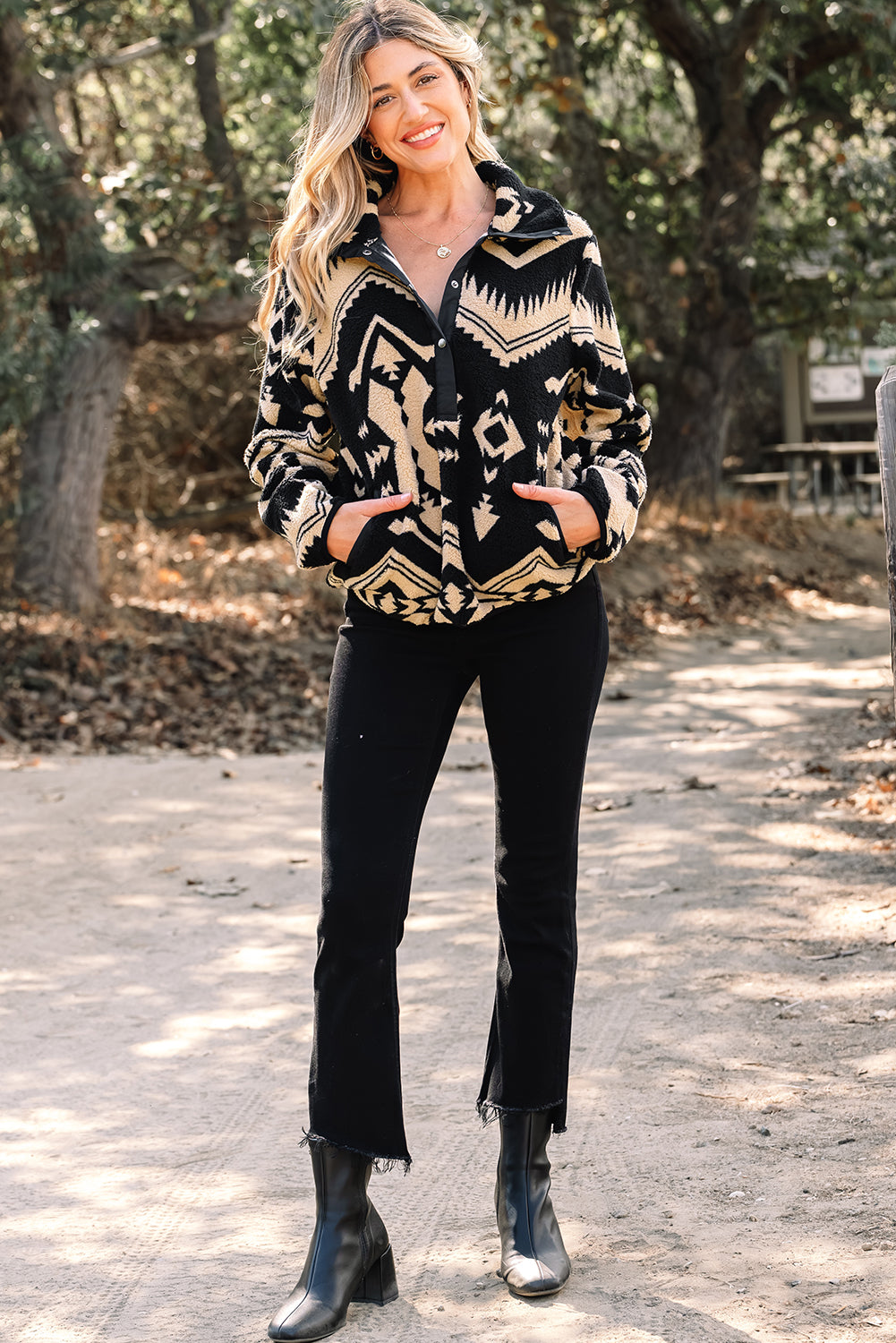 Black Western Aztec Half Placket Plush Sweatshirt