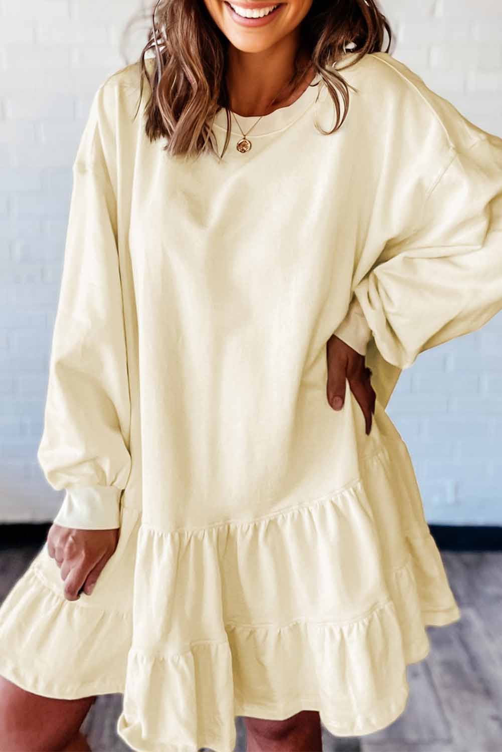 Beige Double Tiered Ruffle Hem Long Sleeve Loose Mini Dress