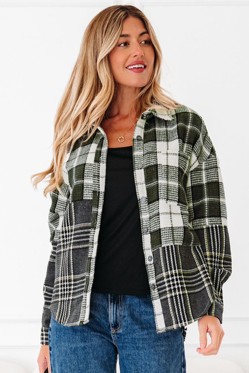 Black Plaid Print Textured Knit Buttoned Shacket