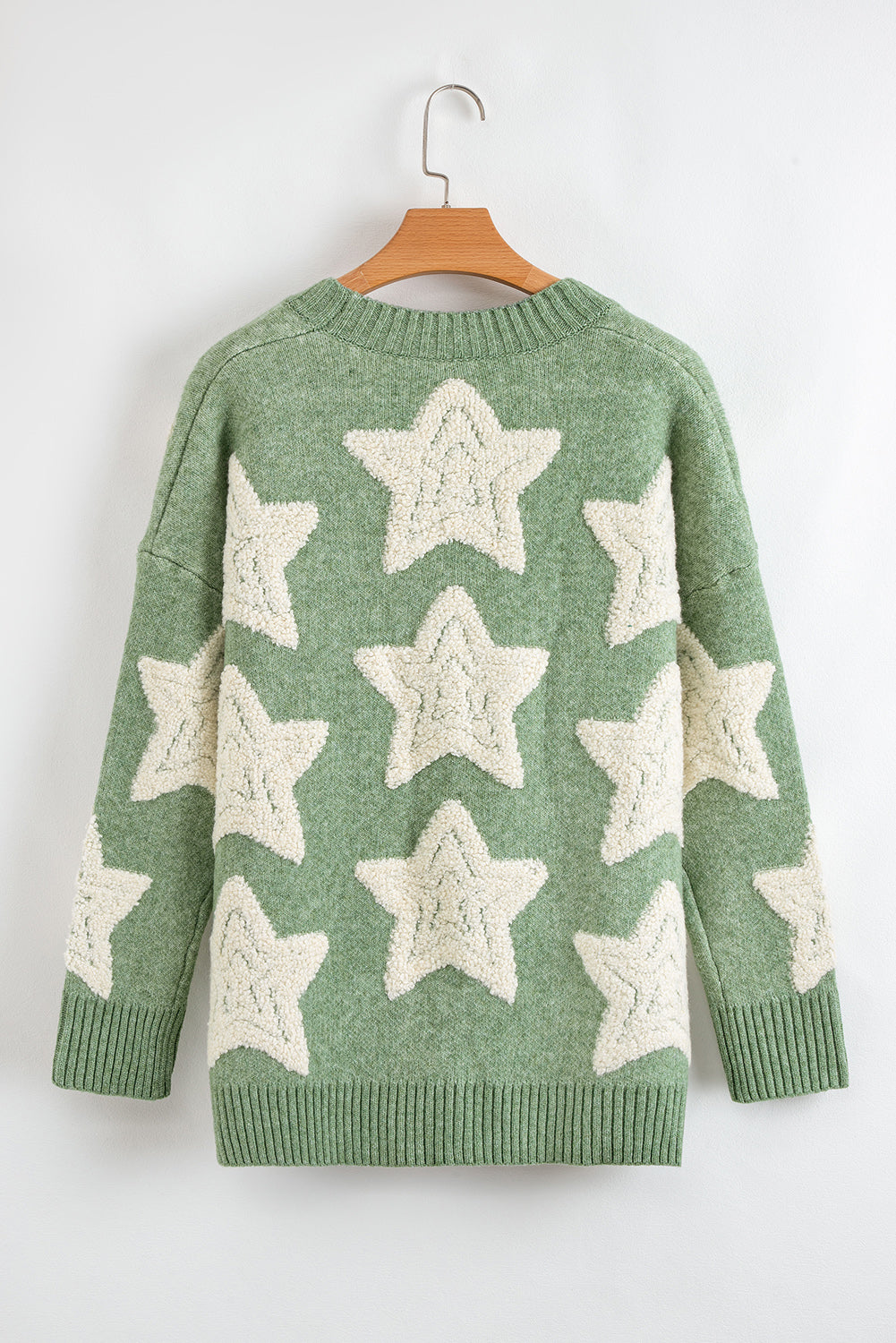 Green Sherpa Star Pattern Textured Sweater Cardigan with Pockets