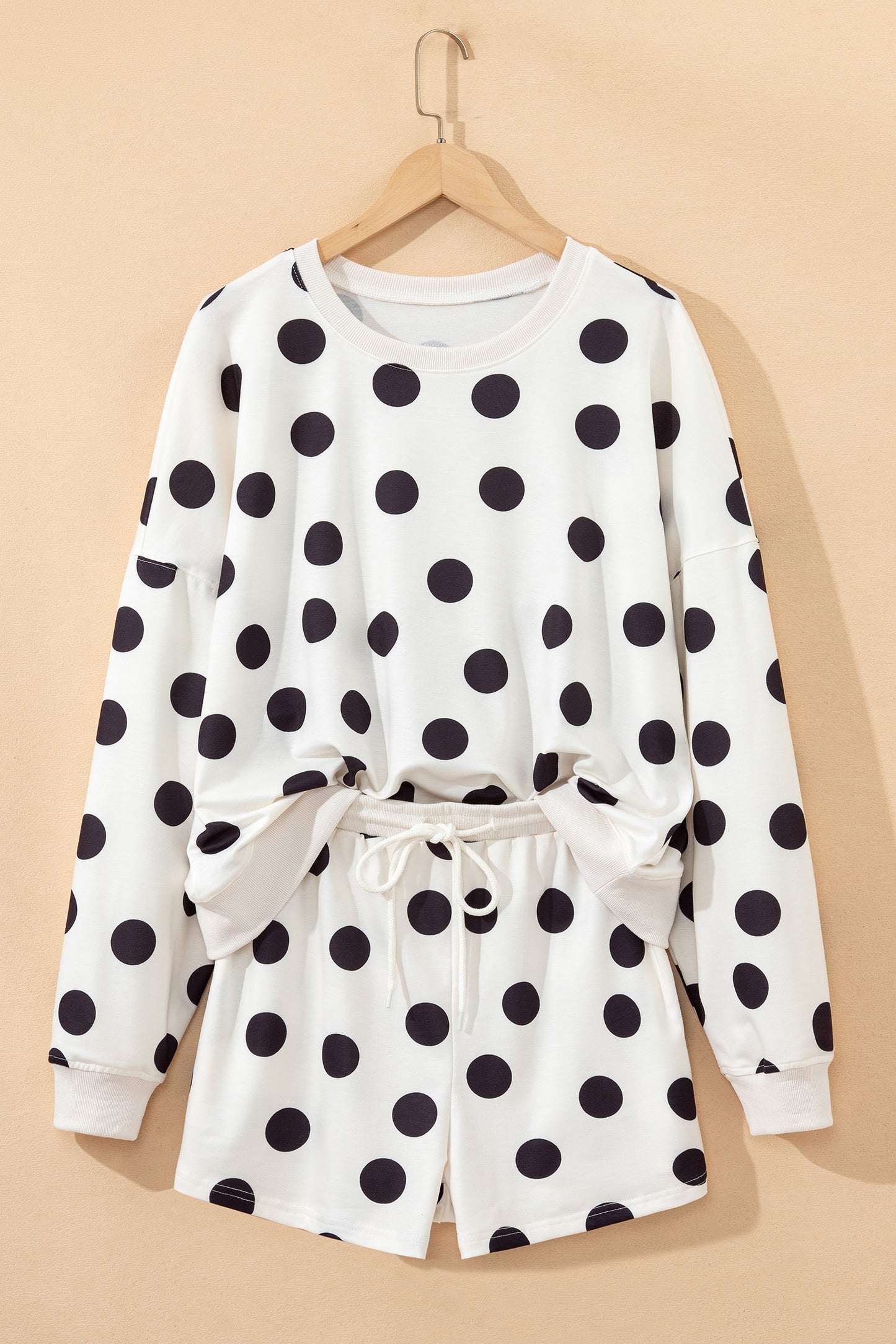 Beige Polka Dot Print Drop Shoulder Pullover Drawstring Shorts Set