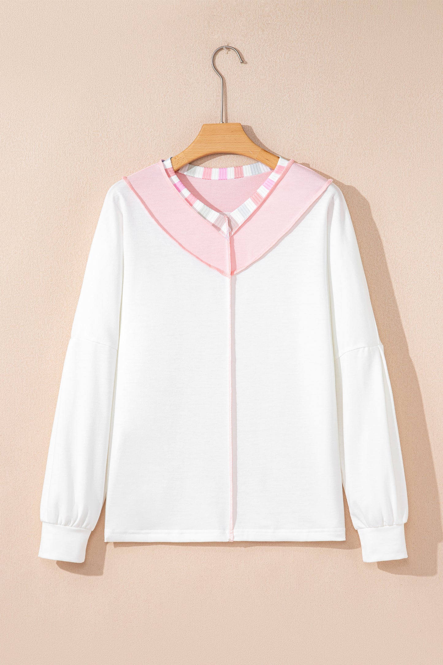 White Exposed Seam Rainbow Stripe Color Block V Neck Loose Long Sleeve Top