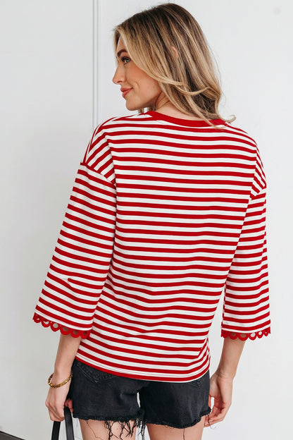 Black Striped Print Drop Shoulder Lace Trim Bracelet Sleeve Loose Top
