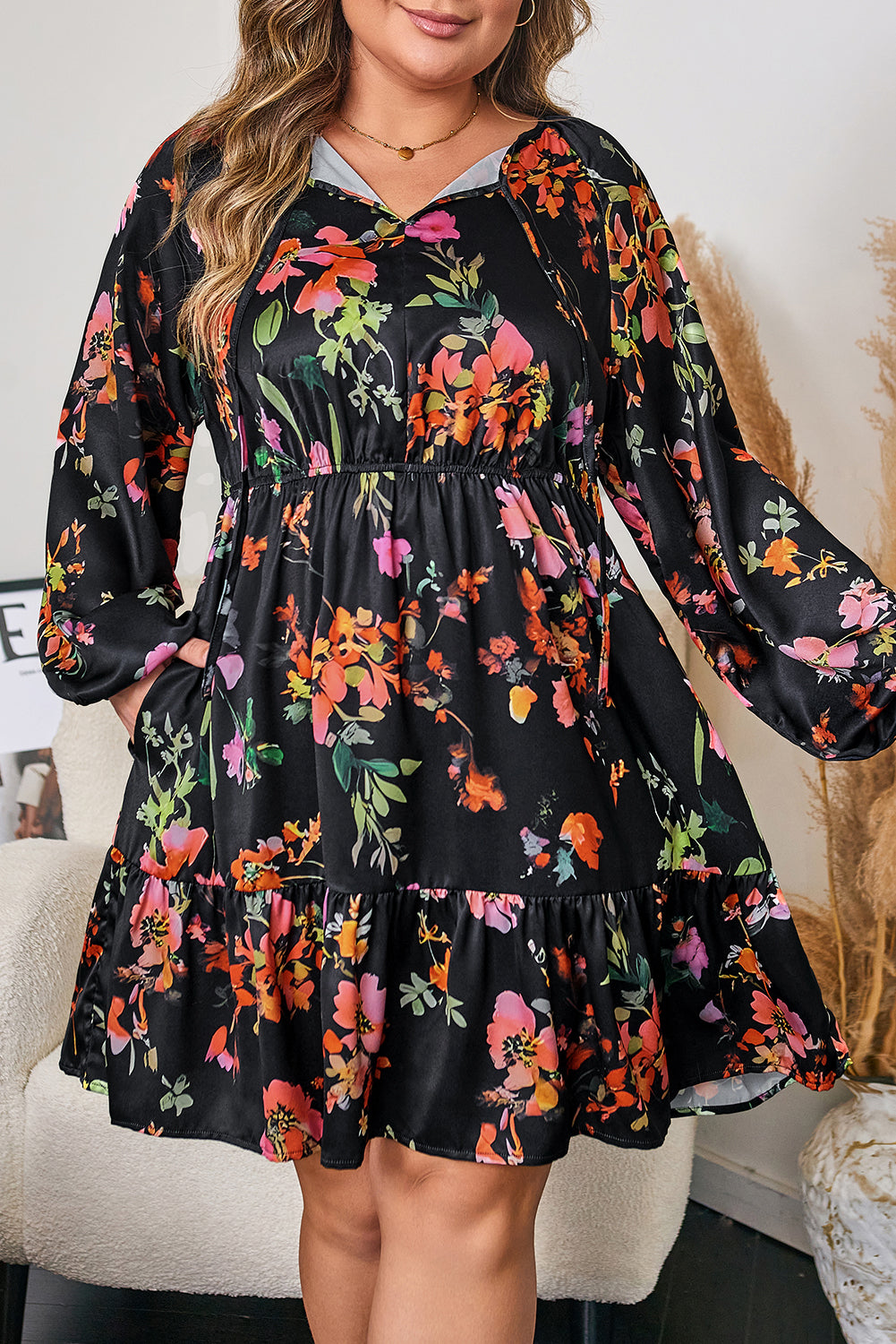 Black Plus Size Floral Print Tie Neck Cinched Waist Long Sleeve Mini Dress