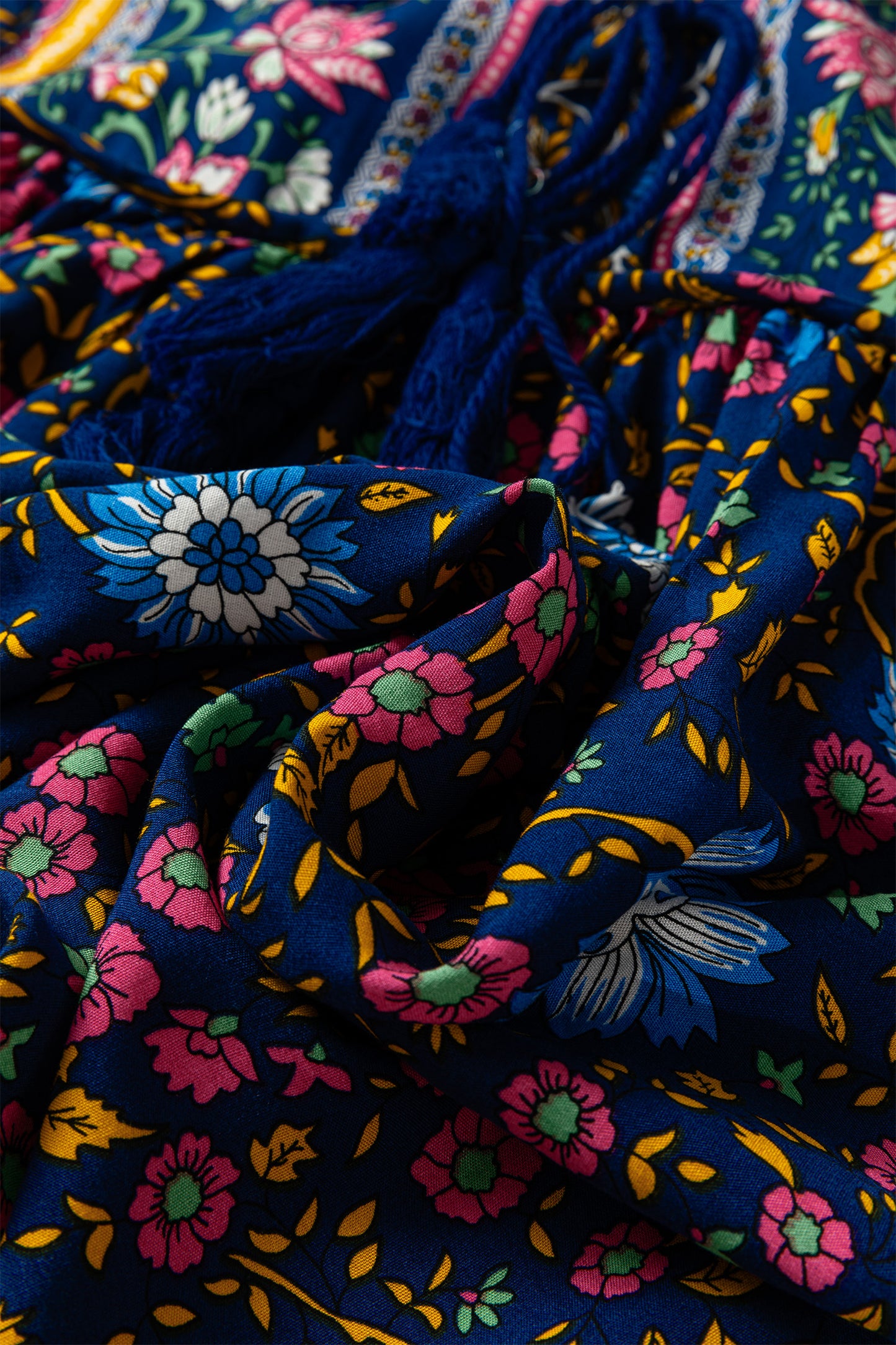 Blue Bohemian Floral Print Tassel Tie Front Long Sleeve Blouse