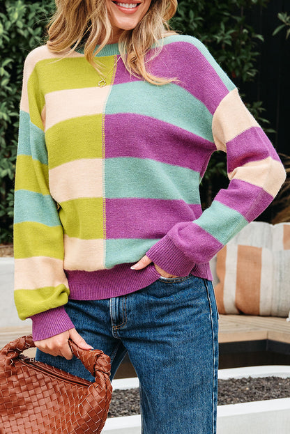 Green Stripe Drop Shoulder Ribbed Edge Casual Sweater