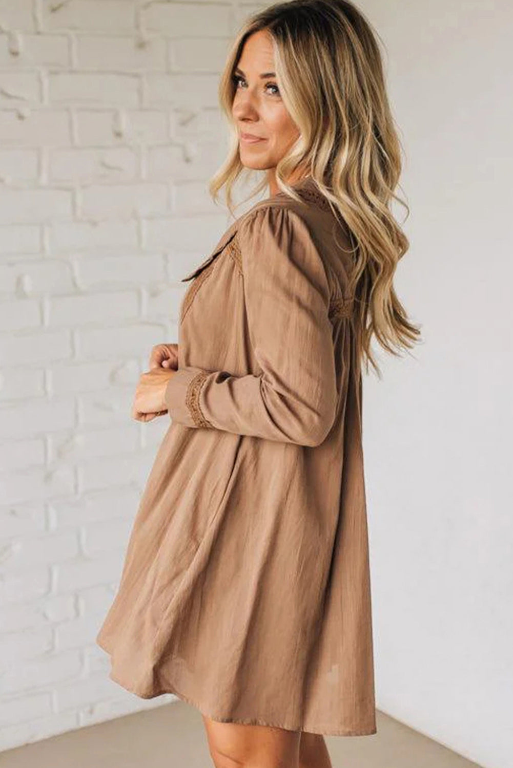 Straw Yellow Lace Trim Peter Pan Collar Long Sleeve Mini Shirt Dress