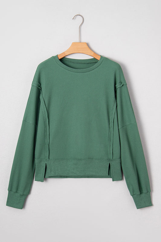 Evergreen Solid Color Raw Seam Patchwork Ribbed Drop Shoulder Sweatshirt