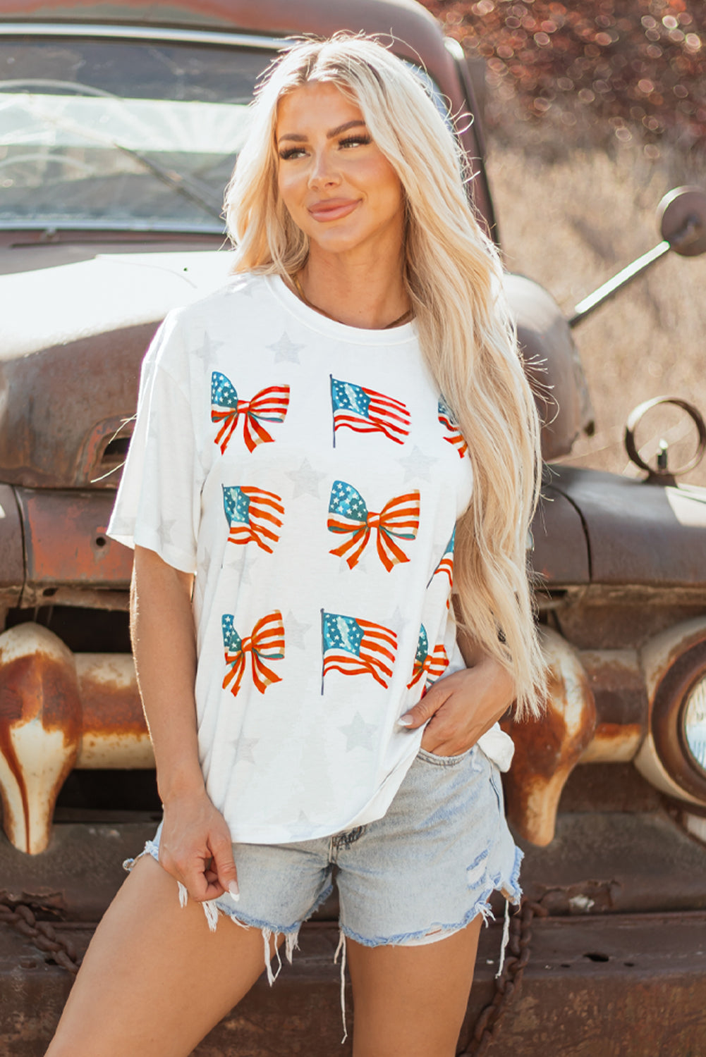 Khaki Patriotic Flag Bow Graphic Starry Round Neck T Shirt
