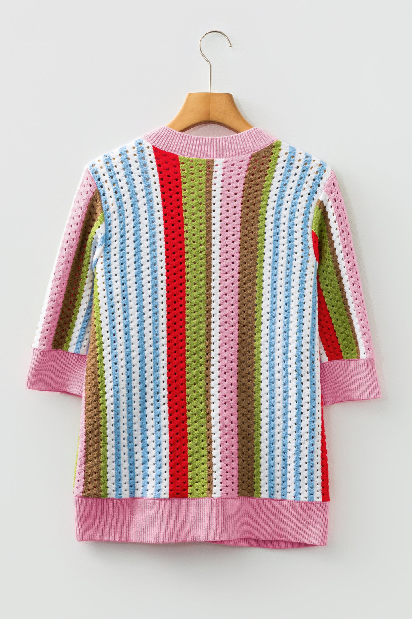 Multicolour Striped Pointelle Knit Short Sleeve Sweater