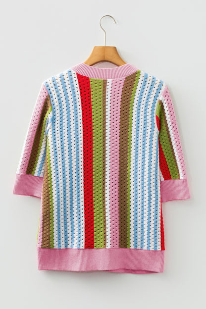 Multicolour Striped Pointelle Knit Short Sleeve Sweater