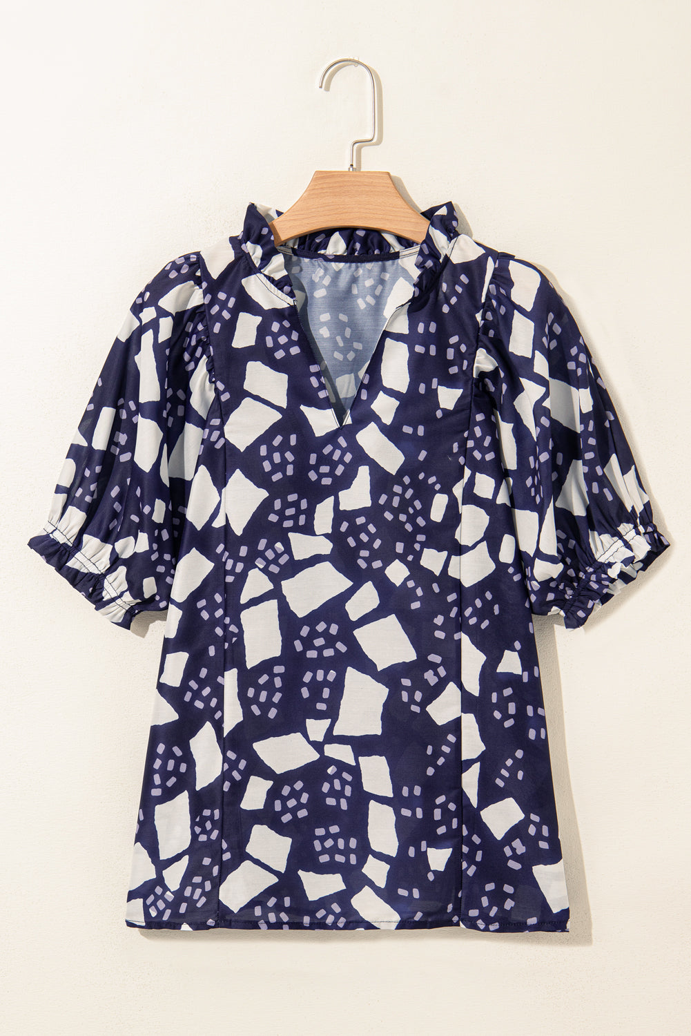 Blue Abstract Print Frilled Puff Sleeve V Neck Blouse
