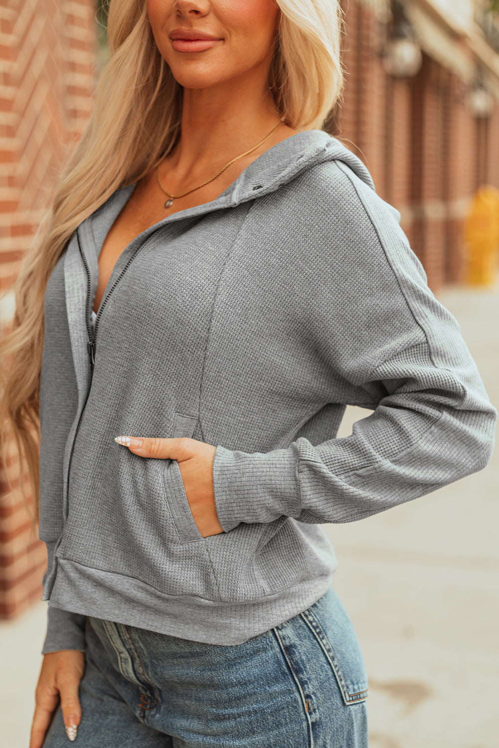 Gray Waffle Splicing Zip Up Front Button Hooded Jacket