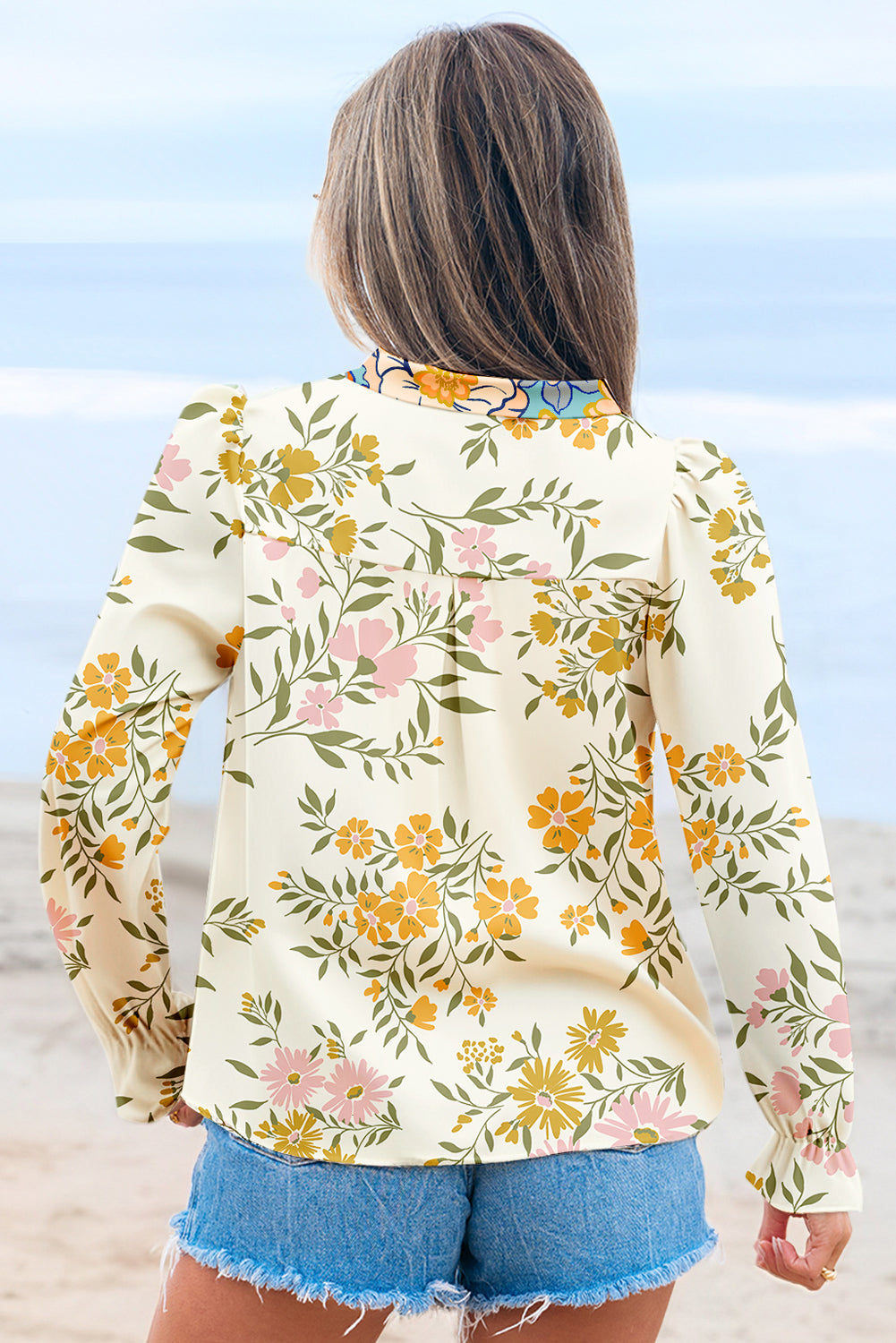 Sky Blue Floral Print Ruffled Long Sleeve Crochet Trim V Neck Blouse