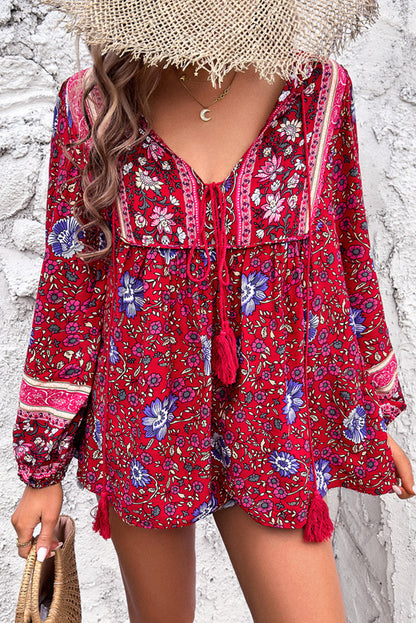 Blue Bohemian Floral Print Tassel Tie Front Long Sleeve Blouse