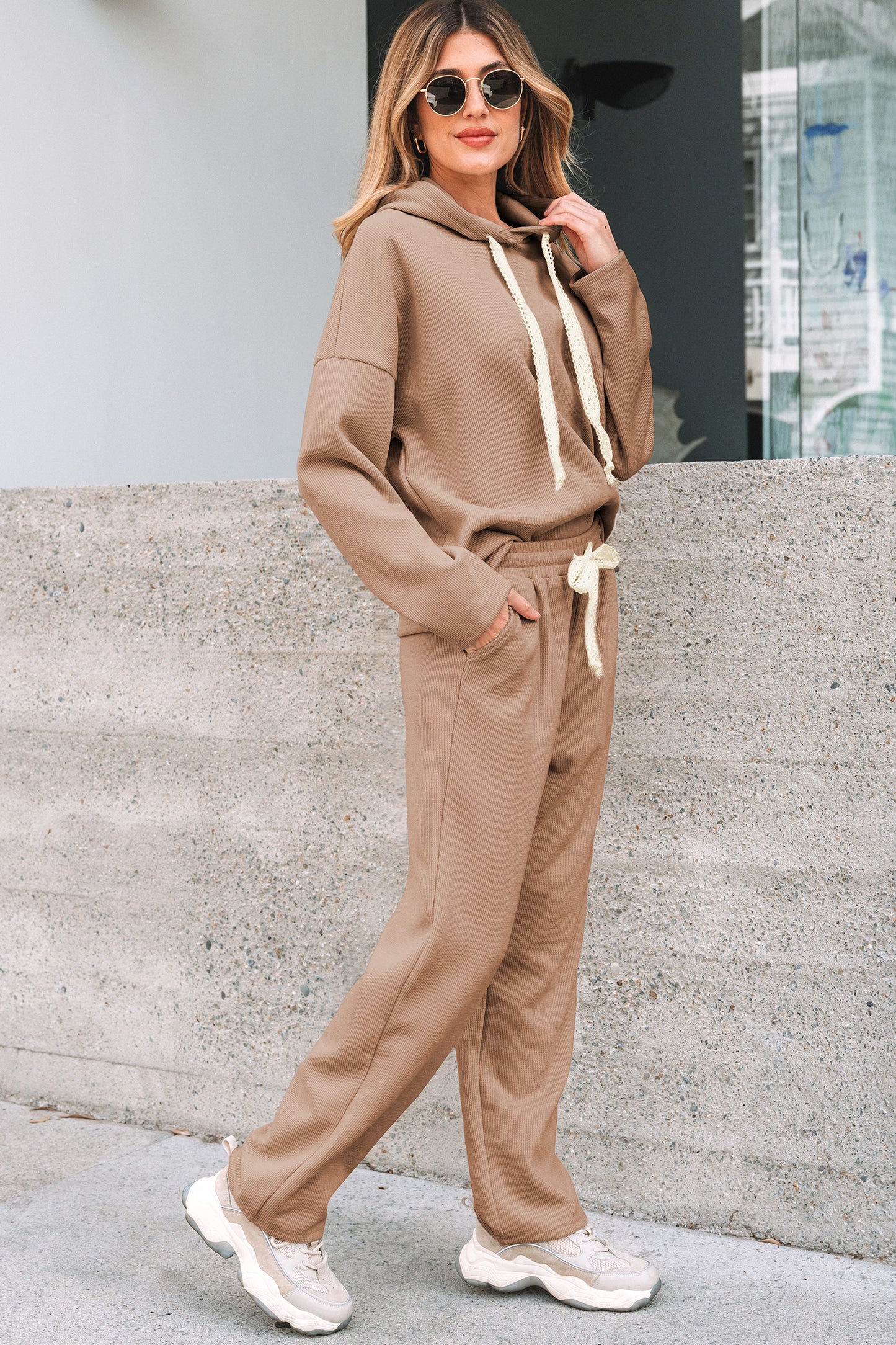 Rose Tan Lace Drawstring Pullover Hoodie and High Waist Pants Corduroy Suit