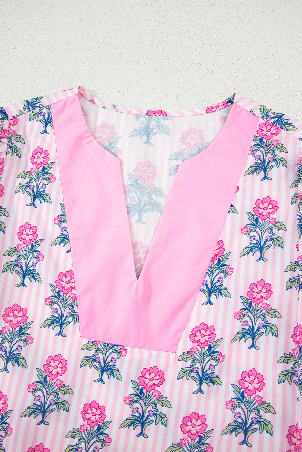 Rose Floral Striped Print Contrast Patchwork Ruffle Hem Blouse