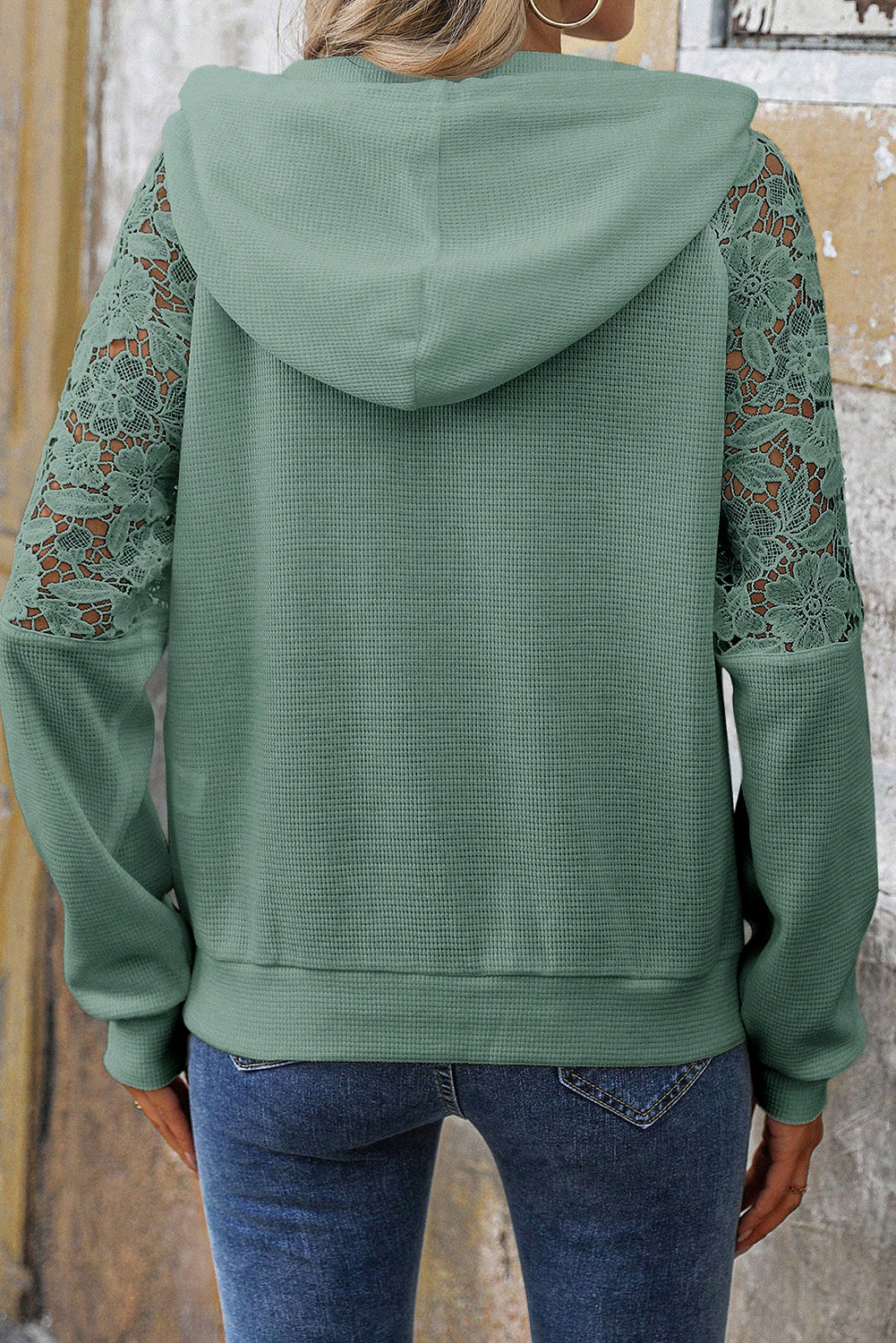 Smoke Green Lace Patchwork Raglan Sleeve Kangaroo Pocket Waffle Hoodie