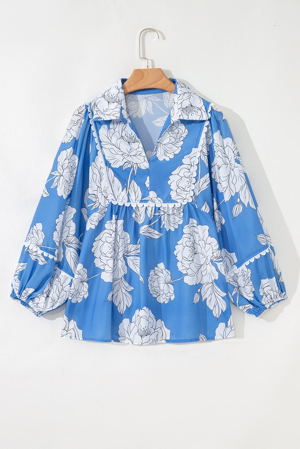 Sky Blue Floral Ricrac Trim Collared Puff Sleeve Loose Blouse
