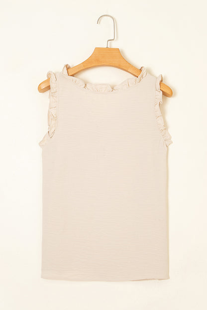 Parchment Textured Frilly Trim V Neck Sleeveless Top