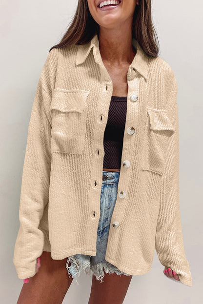 White Solid Color Corduroy Buttoned Long Sleeve Jacket
