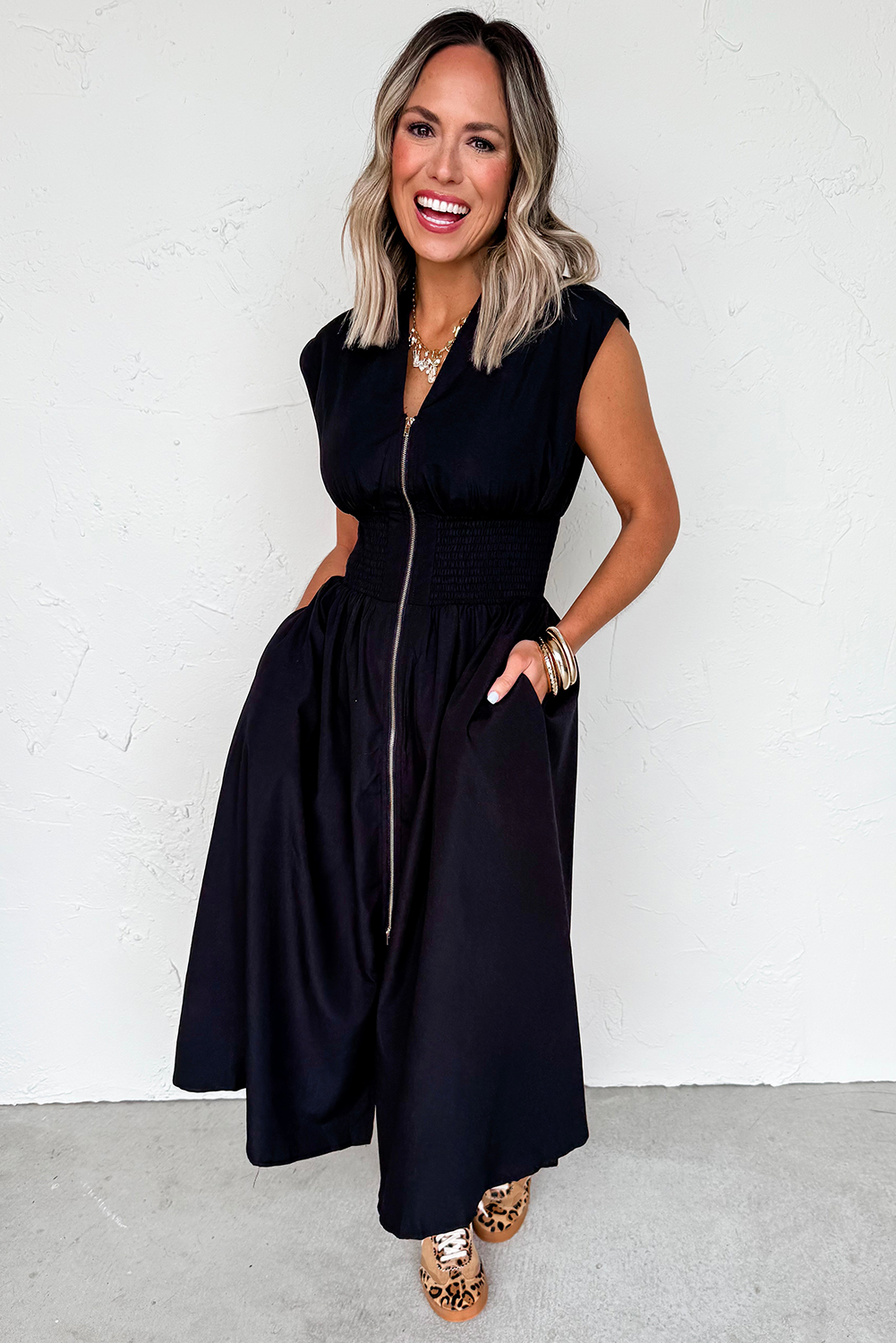 Black Sleeveless Zipped Front V Neck Shirred Waist Maxi Dress