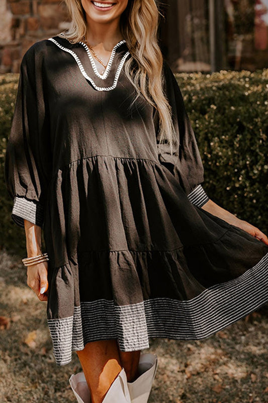 Black Contrast Stitched V Neck 3/4 Sleeve Tiered Mini Dress