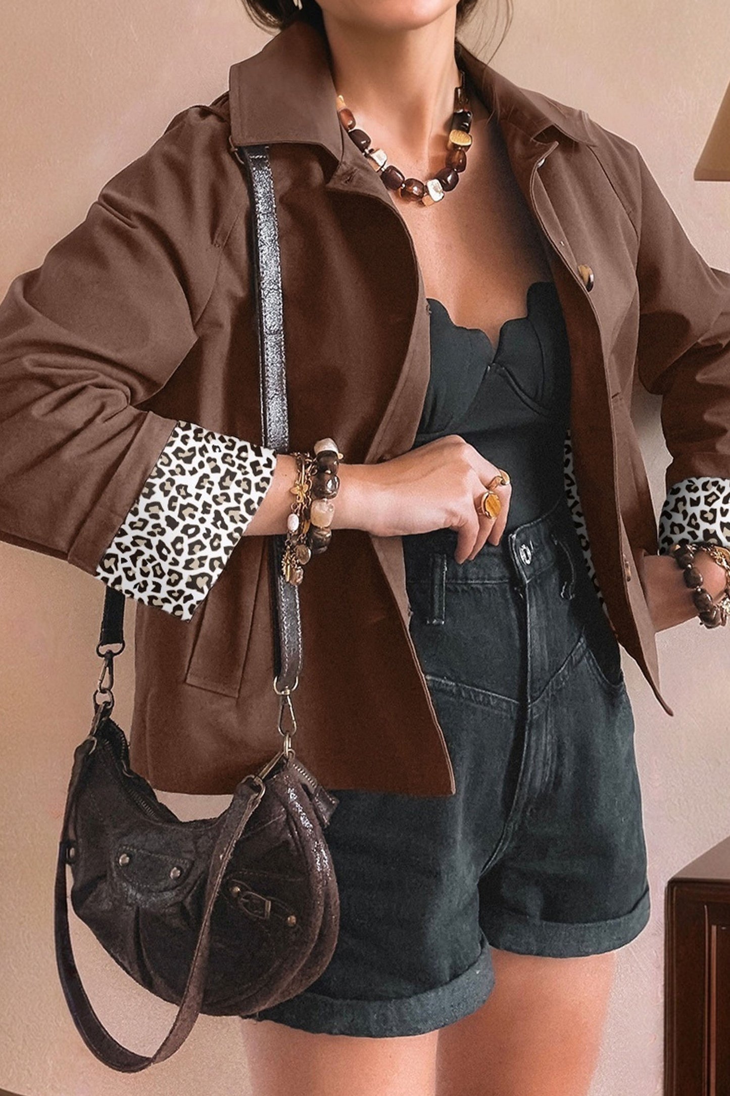 Dark Brown Collared Buttoned Leopard Liner Patchwork Chic Jacket