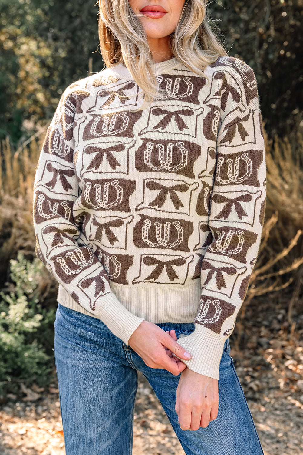 Brown Bows & Horseshoes Pattern Western Fashion Print Sweater