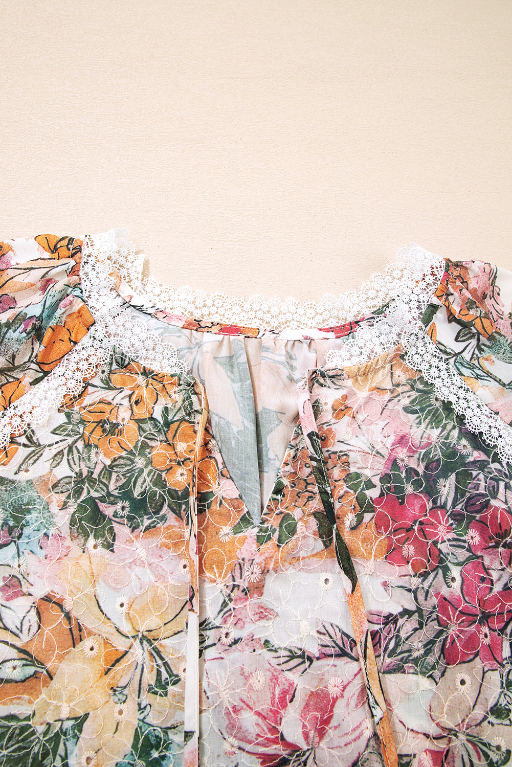 Pink Floral Print Lace Embroidery Tie Split Neck Long Sleeve Blouse