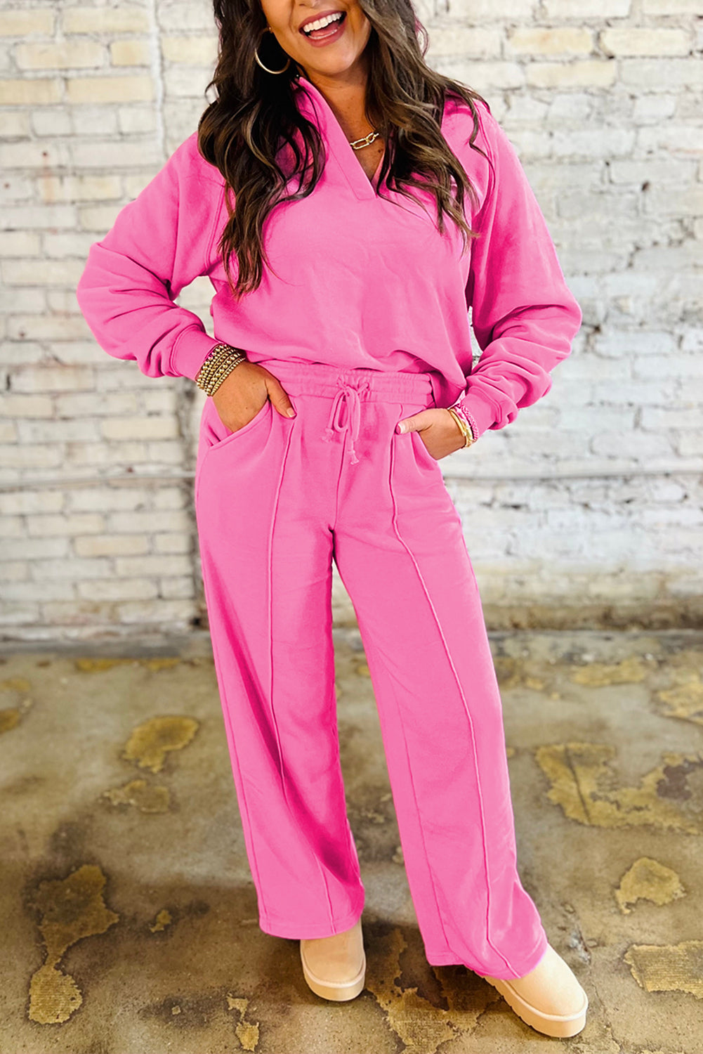 Sachet Pink Solid Color Collared Pullover and Central Seam Pants Set